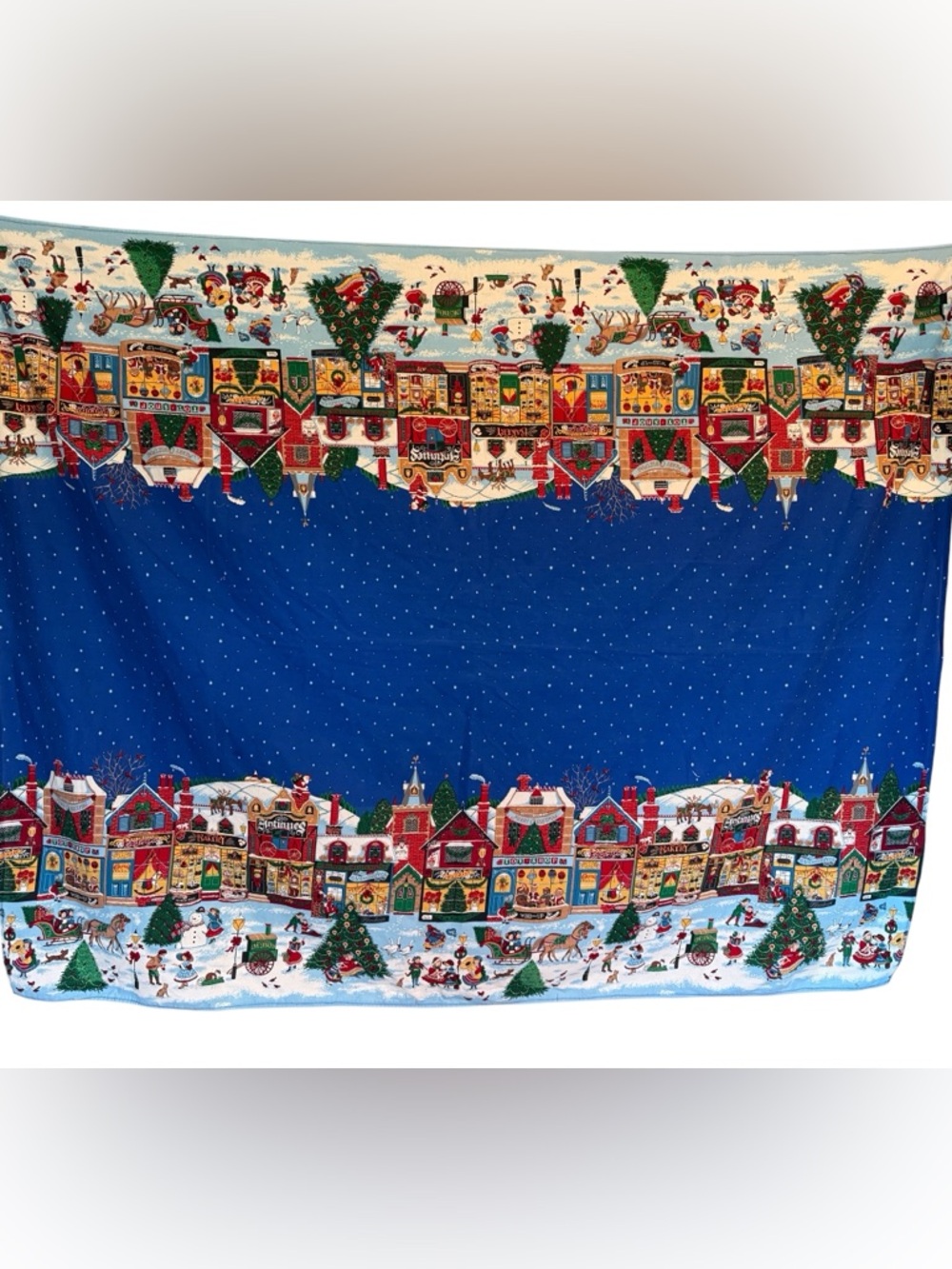 1993 Christmas Village Tablecloth- Blue Christmas Scene by Sharon Kessler